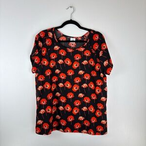 CAbi Womens Large Blouse Top Floral Short Sleeve Faux Wrap on Back Red Boho
